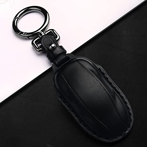 Tukellen For Tesla Leather Key Fob Cover With Keychain Key Shell Case Compatible With Model 3 Model Y Model S(Black) #TOP2