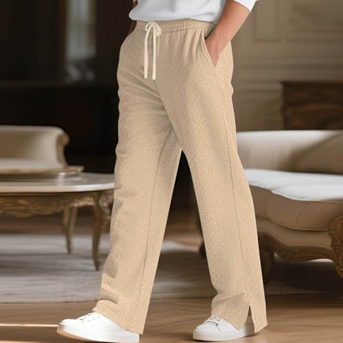 Knitted Textured Pants for Men Straight Leg Drawstring Split Hem Pant Casual Solid Color Comfy Trousers with Pockets2