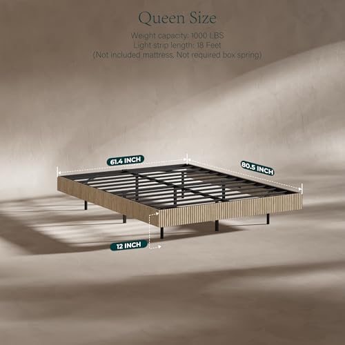 Image of Evermagin Oak Queen Floating Bed Frame with led Lights, Fluted 12In High Platform Bed No Headboard, Heavy Duty Mid Century Modern Float Metal Bedframe, No Box Spring Needed (Oak, Queen-12in high)