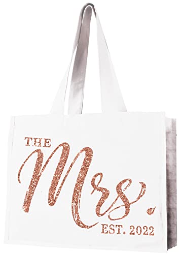 Rose Gold Bridal Tote Bag - Giant The Mrs. Est. 2022 Rose Gold Glitter CHIC Cotton Canvas Tote Bag - Bride To Be Gift - White Tote(Chic 2022 RG)Wht