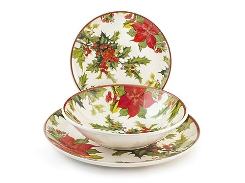 H&H Holly Jolly Servizio Tavola, 18 Piatti, in Stoneware, Natale, Festività