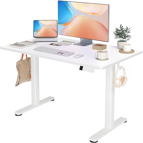 YDN Electric Standing Desk Adjustable Height, 48 x 24 Inches Stand up Desk with Cable Management, Home Office Desks with Splice Board & White Frame, White Top
