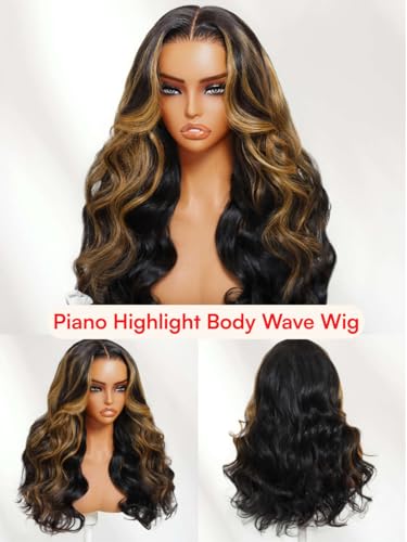 Image of Beauty Forever Bye Bye Knots Glueless Wigs Black with Caramel Blonde Highlights Body Wave Human Hair Wig 7x5 HD Lace Pre Plucked Pre Cut Drawstring Wig for Beginner Ready to Wear 150% Density 16inch