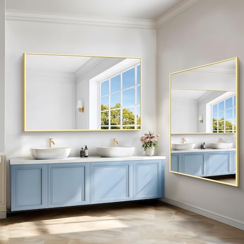 Image of COFENY 40x60inch Gold Bathroom Mirror, Gold Rectangle Mirror with Frame, Large Rectangular Wall Mirrors for Bathroom, Living Room, Hair Salon, Big Farmhouse Mirror Hang Horizontal /Vertical