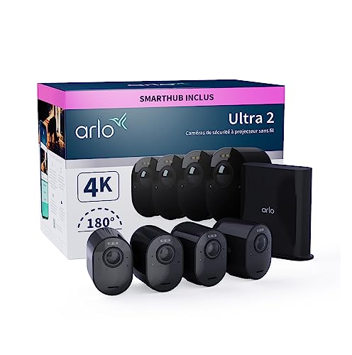 Arlo Ultra 2 4K avec Smarthub, Camera video surveillance WiFi exterieure sans fil, Vision nocturne couleur, Detecteur de mouvement, Compatible Alexa, Essai Arlo Secure inclus, 4 Caméras noir