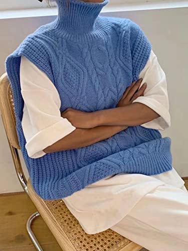 Women's Turtleneck Cable Knit Sweater Vest, Sleeveless Rollneck Pullovers Curve Sweater Vest For Women (Blue) #TOP2