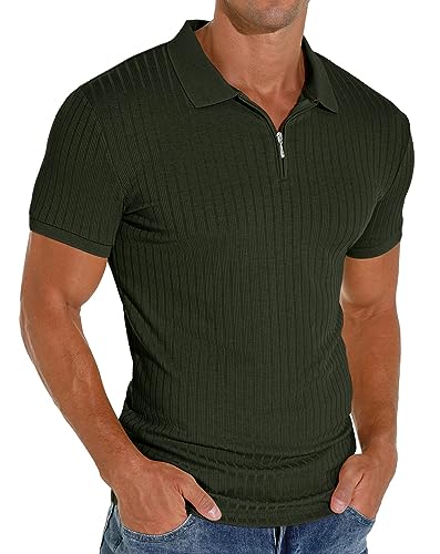 PrinStory Men's Polo Shirts Zip Short Sleeve Slim Fit Casual Shirts Classic Stretch Polo T Shirt Golf Apparel Golf Shirts (Dark Green, L)