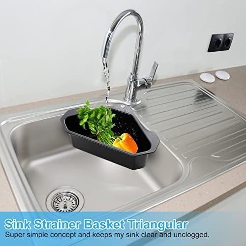 Augot Kitchen Sink Strainer Basket, Stainless Steel Kitchen Sink Drain Basket Corner Sink Strainer Basket Triangular Sponge Holder for Kitchen Sink Bathroom Sink Filter Draining Rack with Sucker