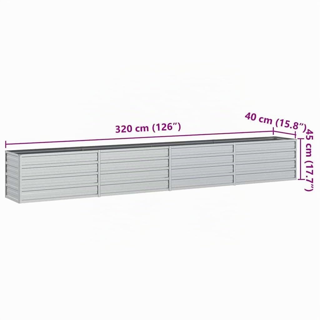 vidaXL Lit Surélevé de Jardin Jardinière Bac à Fleurs Pot de Plantes Lit de Plantation Balcon Extérieur 320x40x45 cm Acier Galvanisé Argenté