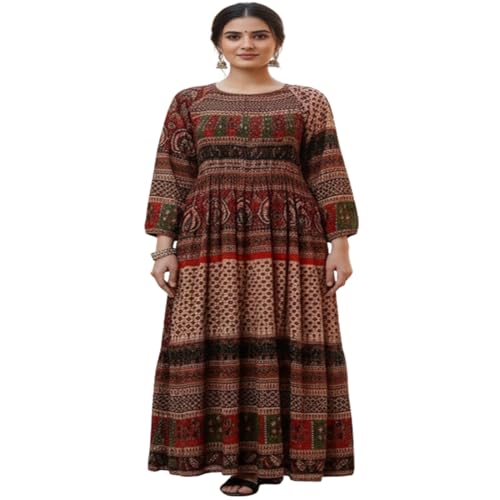 Image of Women's Cotton Dress Jaipuri Sanganeri Print Midi Long Dress Printed Fit and Flare Maxi Dress A-Line Gown Dress Maxi Skirt, Mandala (Free Size)