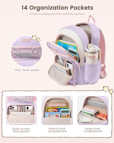 LOVEVOOK Cute School Backpack for Girls Ages 8-14, Lightweight Bookbag with Cartoon Charms & Pins, Back to School Backpack for Elementary & Middle School, Fits 15.6 Inch Laptop and 40oz Tumbler — view 3