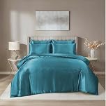 Hadi London Satin Silk 6 Piece Complete Bedding Set with Silky Deep Fitted Sheet Reversible Duvet Cover Comforter & 4 Pillowcases for Single Double King Super King Size Bed (Teal, King)