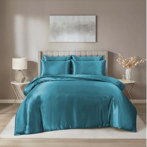 Hadi London Satin Silk 6 Piece Complete Bedding Set with Silky Deep Fitted Sheet Reversible Duvet Cover Comforter & 4 Pillowcases for Single Double King Super King Size Bed (Teal, Double)