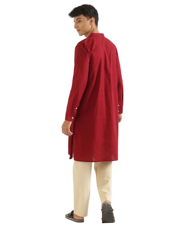 Image of SAADAA Men's Long Kurta - Linen Cotton Blend, Airy Fabric, Regular Fit, Mandarin Collar, Solid Color - Casual, Festive & Ethnic Wear