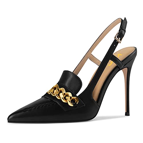 XYD Women Office Ladies Metal Chain Slingback Pumps Pointed Toe High Heel Sandals Stiletto Heeled Cutout Slip On Dressy Party Shoes