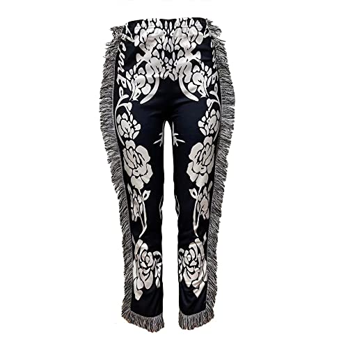 NIFTRIRY Women Hippie Tassel Graphic Printed Pattern Elastic Pants Ninth Straight Pants Party Music Festival Wear A4 Black XX-Large