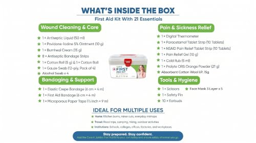 Image of Carent Jumbo First Aid Kit for Home, Car, Travel & Office - 21 Essential Emergency Medical Supplies with Thermometer, Antiseptic, Pain Relief & Wound Care | Compact & Portable