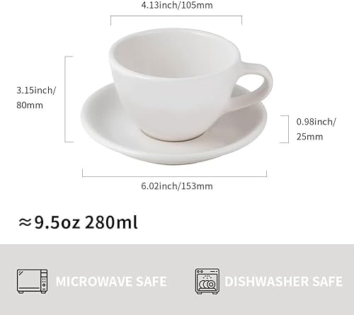 Miniatura 2 de watchget Taza y platillo de porcelana con leche  Taza de cerámica de 9.5 onzas para capuchino, té, latte, café moca, blanco