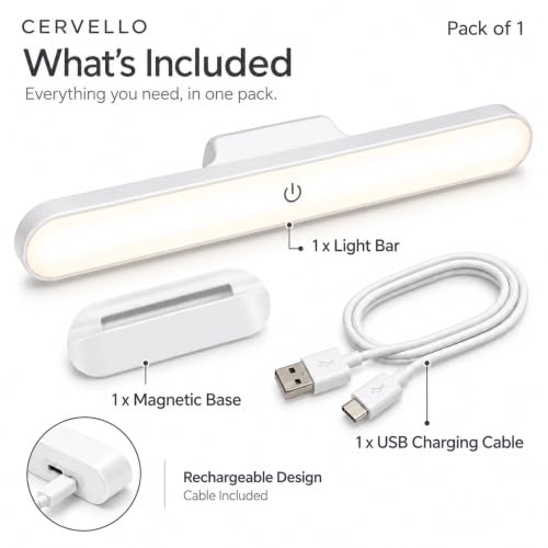 Image of CERVELLO USB Rechargeable LED Light Bar, 30 cm Dimmable Lamp with Detachable Magnetic Base, Touch Operation and Light Modes for Makeup, Reading, Cabinets and Closets