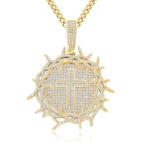 HELLOICE Iced Out Crown of Thorns with Cross Medallion Pendant Necklace Full CZ Pendant with 5mm 24inches Cuban Chain 14K Gold Plated Pendant Necklace for Women Men Cover