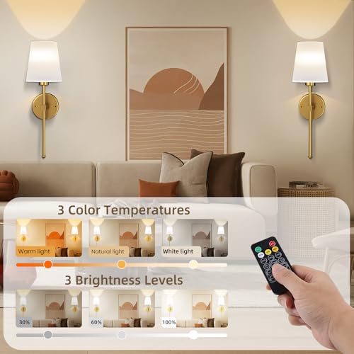 Battery Operated Wall Sconce Set of 2, Rechargeable Wall Lights with 5000mAh Dimmable Detachable Charging Bulbs and Remote, 3 Color Temperature Wireless Sconces for Bedroom Living Room Hallway - Image 4