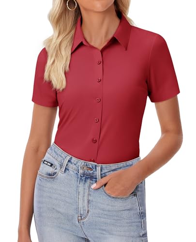 Image of siliteelon Womens Button Down Shirt Slim Fit Stretch Short Sleeve Dress Shirt Wrinkle Free Collared Business Work Blouse Top
