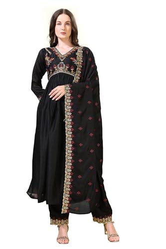 Kurta Anarkali ensemble pantalon brodé en rayonne Pratham Blue pour femme