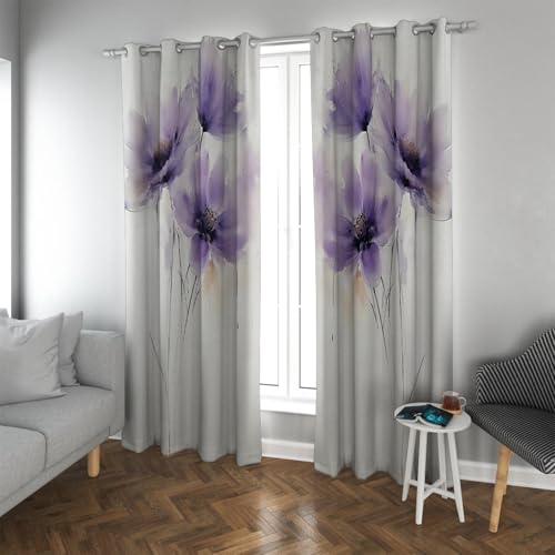 PARREN Cortinas Opacas Minimalistas Boho para saestar Aislamiento térmico Flores moradas claras Tratamientos Ventanas para decoración dhogar ddormitorio W132xL183cm 2 Paneles