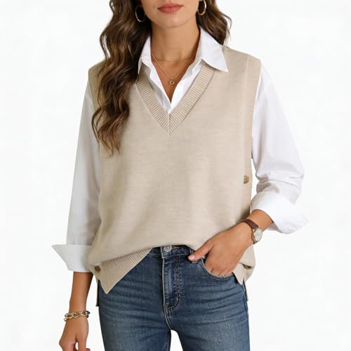 Image of Blostirno Women's V Neck Sweater Vest Ribbed Side Split Button Sleeveless Knit Pullover Sweaters Tops