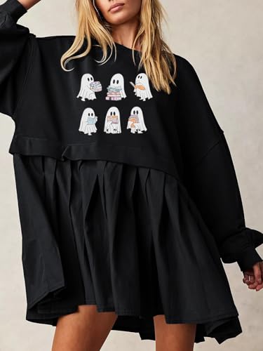 Image of Dokuritu Sweatshirt Dress Women Crew Neck Long Sleeve Patchwork Pullover Tops Flowy Oversized Sweatshirt Mini Dress