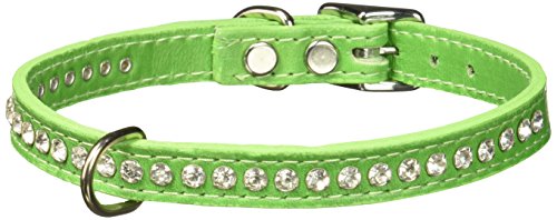 Image of Signature Leather Crystal Dog Collar, Kiwi Solid Grain Leather, Fits 11.5 inch-13.5 inch Neck Size, 16 inch Overall Length