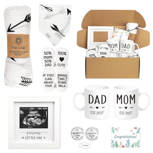 Image of Pregnancy Gifts for New Parents Est 2027- New Mom Gifts Basket for Pregnancy Announcement, Baby Shower - Mom & Dad Mugs, Decision Coin, Ultrasound Frame, Swaddle Blanket, Bib, Socks