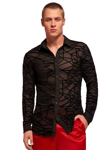 WDIRARA Men's See Through Mesh Shirt Collared Long Sleeve Textured Shirt Tops