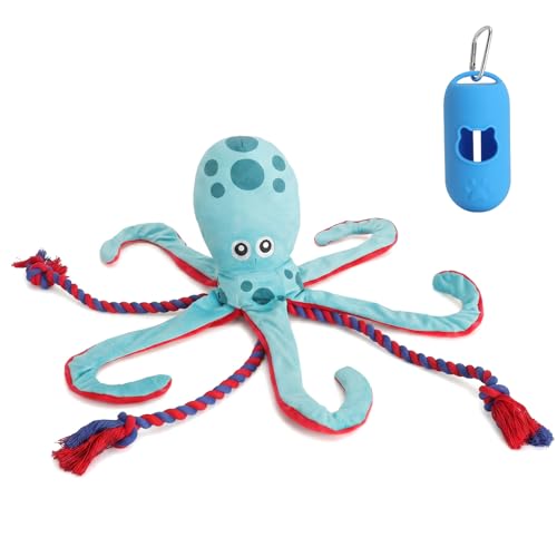 Juguetes Perros, Juguetes Interactivos para Perros - Pulpo de Peluche Azul con Sonido, Papel crujiente, sin Relleno y dispensador de Bolsas para Paseo