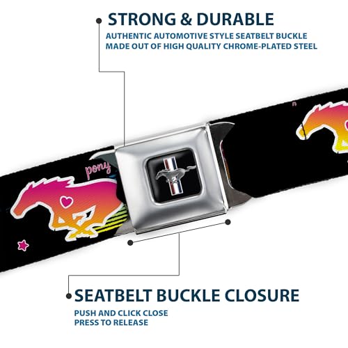 Image of Buckle-Down Seatbelt Belt - Mustang PONY GIRL UNTAMED SPIRIT /Stars Black /Multi Color - 1.0 inch Wide - 20-36 Inches in Length