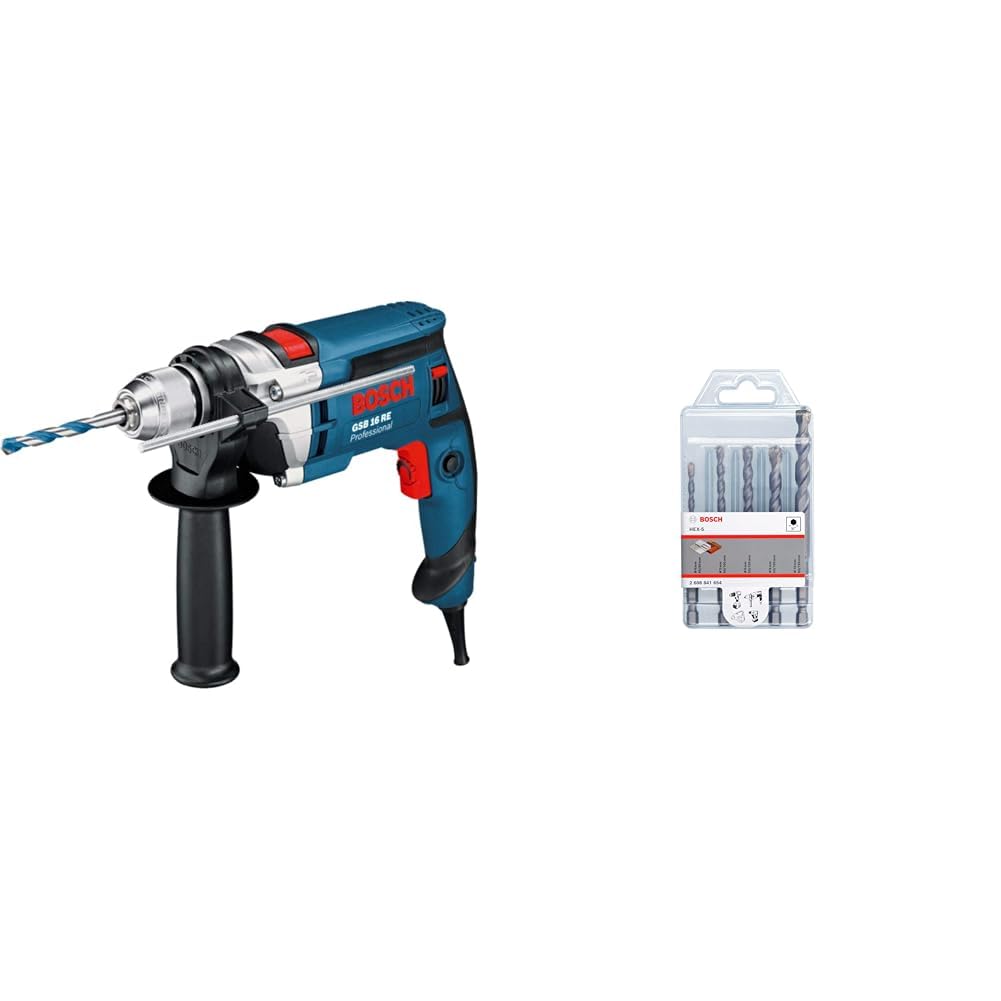 Bosch Professional GSB 16 RE - Taladro percutor (750 W, 0 – 2800 rpm, Ø max perforación hormigón 16 mm, en maletín) + Set de 5 piezas de Brocas para Hormigón HEX-5 (para Hormigón, Ø 4/5/6/8/10 mm)