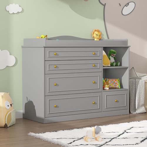 Grey Changing Table Dresser, Baby Nursery Dresser, Baby Diaper Changing Table, 5 Drawers, Adjustable...