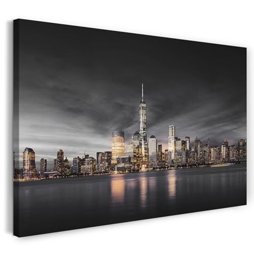 Printistico Impression sur toile (100x70 cm) Horizon de New York avec gratte-ciel, photographie USA - Amérique, cadre en bois véritable avec crochet,