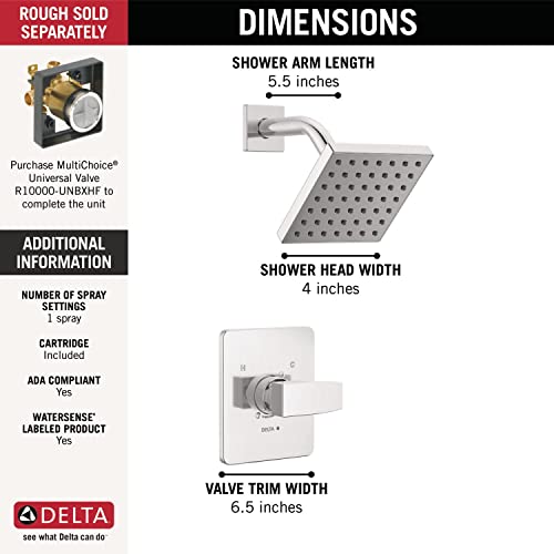 Image of Delta Modern 14 Series Shower Faucet Set, Chrome Shower Head and Handle Set, Valve Trim Kit, Chrome T14267-PP (Valve Not Included)