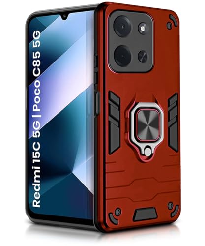 Image of WOW IMAGINE Shock Proof Back Case Mobile Cover for Mi Redmi 15C 5G | Poco C85 5G 2025 | Back Cover Case (Tough Armor | Hybrid PC + TPU | Ring Holder & in-Built Kickstand | Red)