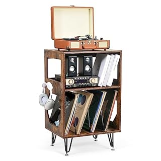 ikkle Rustic Record Player Stand, End Table with Record Storage, Vinyl Record Storage Cabinet Holder with Metal Legs, Turntable Stand Record Player Cabinet for Living Room, Bedroom, Holds 160 Albums