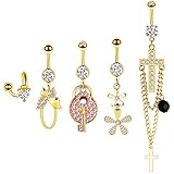 AMDXD Piercing para el ombligo, con 5 colgantes de forma geométrica con cristales blancos de acero inoxidable, piercing para el cuerpo, Acero inoxidable, Circonia cúbica