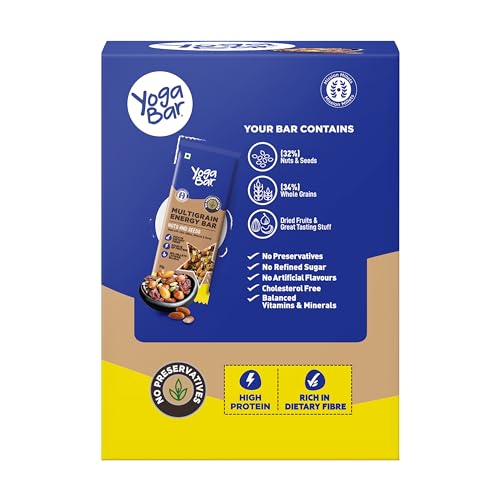 Yogabar Nuts and Seeds Multigrain-Energy Bar - Healthy Diet Snacks with Dates, Oats and Millets, Gluten Free and High Protein Crunchy Nut Bar, Packed with Chia and Sunflower Seeds (10 Bars)