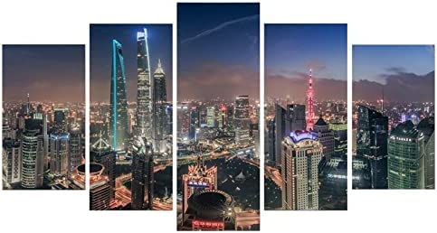 Toile photo art mural vue nocturne de la ville 150x80cm cadre bois paysage urbain moderne