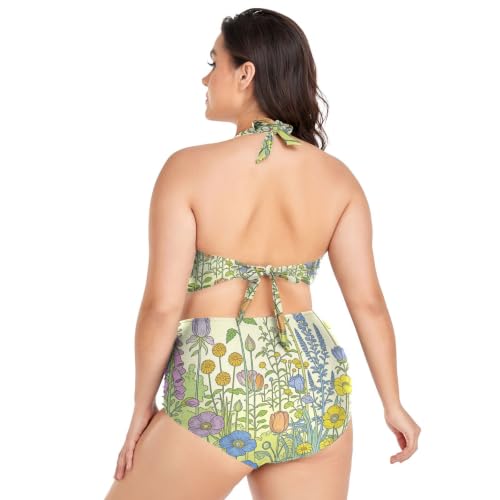 Bikini grande taille masquant le ventre avec haut licou confortable fleur - 4