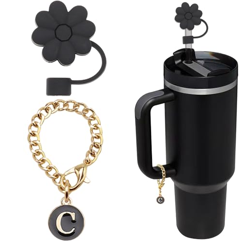Stanley Cup Accessories, 1pc Flower Stanley Straw Cover Silicone Straw Topper for Stanley 30&40 oz Tumbler with Handle and 1pc Initial Letter Charm for Stanley Cup (Letter C)