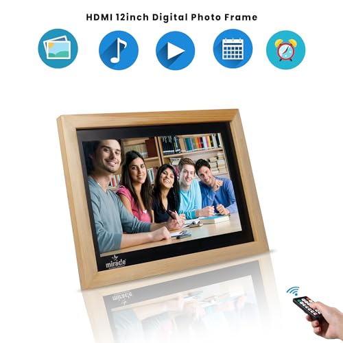 Image of Miracle Digital 12'' HDMI Wooden Hi-Def Digital Photo Frame Premium Mirror Finish,Remote SlideShow,Video Audio,Built in 8GB Memory & 2GB RAM (Light)