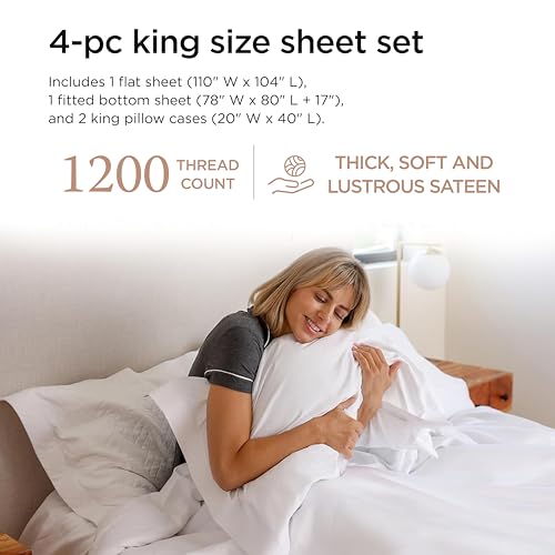 Image of Threadmill 1200 Thread Count Supima Cotton King Sheet Set, Sateen, White | 100% Supima Cotton, Sateen Weave, 4-Piece Set, 17 inch Deep Pocket, Fade-Resistant, OEKO-TEX Certified, Machine Washable