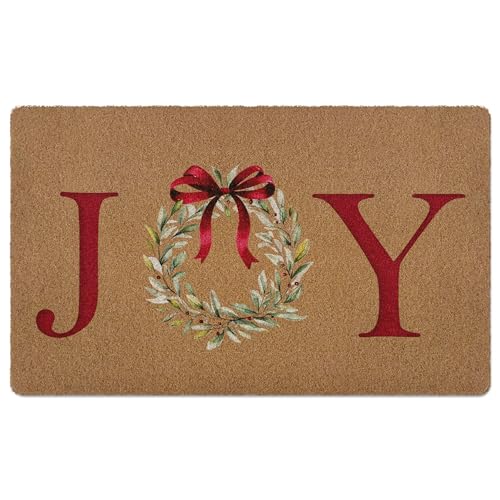 Qskjre Red Joy Wreath Bow Christmas Door Mat, Holiday Welcome