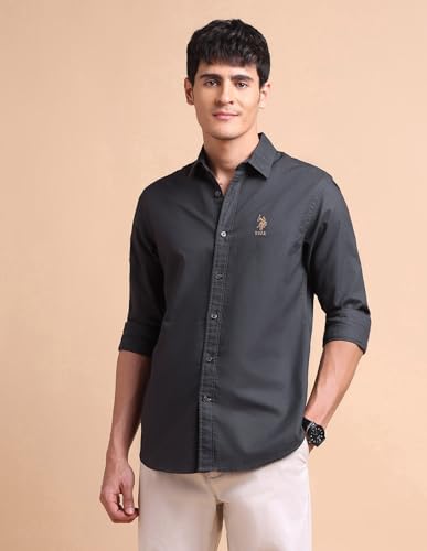 Image of U.S. POLO ASSN. Solid Tailored Fit Shirt for Men - 100% Cotton, Breathable & Comfortable, Full Sleeves Casual Shirt for Men